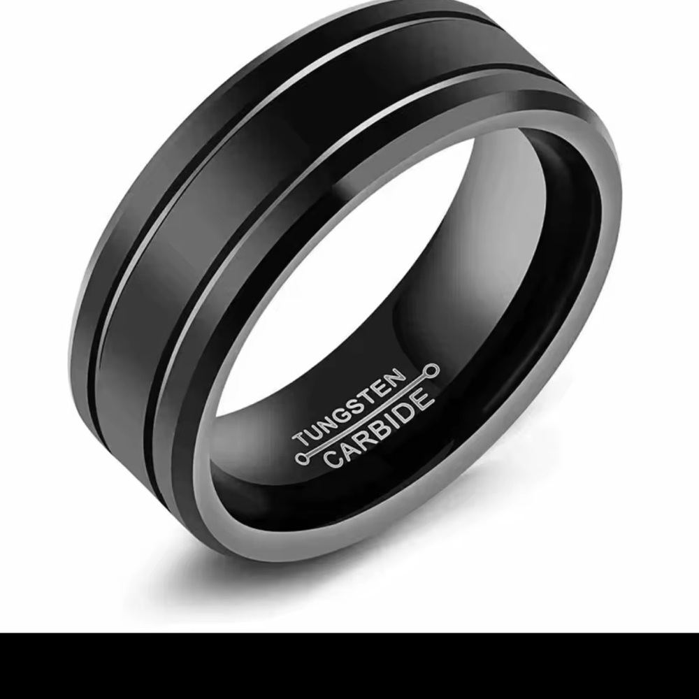 Mens Tungsten Carbide Black Wedding Band Ring Beveled Edge Minimalist Design - Picture 6 of 7